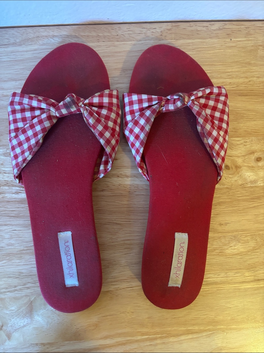 Xhilaration Red and White Gingham Bow Slide Sandals, Size 7